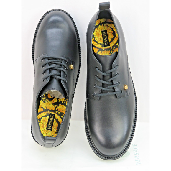 NIB VERSACE BLACK LEATHER GOLD MEDUSA LOGO DERBY LUG SOLE OXFORDS 44 11 main image 7